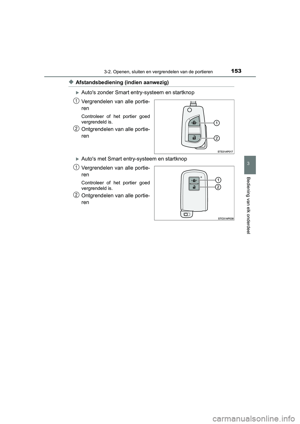 TOYOTA YARIS HATCHBACK 2017  Instructieboekje (in Dutch) 1533-2. Openen, sluiten en vergrendelen van de portieren
3
Bediening van elk onderdeel
YARIS_HV_OM_Europe_OM52J66E
◆Afstandsbediening (indien aanwezig)
Auto's zonder Smart entry-systeem en st