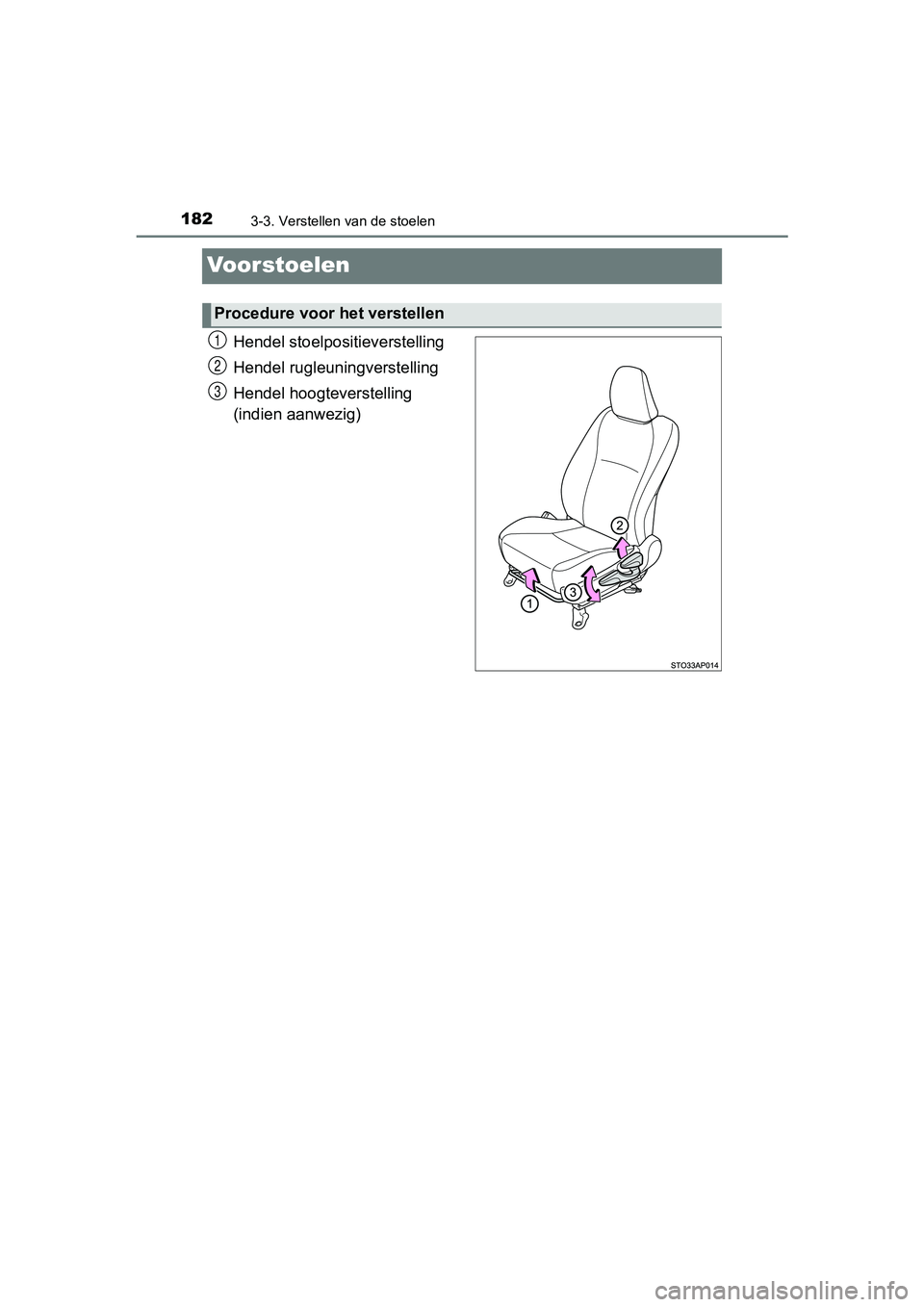 TOYOTA YARIS HATCHBACK 2017  Instructieboekje (in Dutch) 1823-3. Verstellen van de stoelen
YARIS_HV_OM_Europe_OM52J66E
Voorstoelen
Hendel stoelpositieverstelling
Hendel rugleuningverstelling
Hendel hoogteverstelling 
(indien aanwezig)
Procedure voor het ver