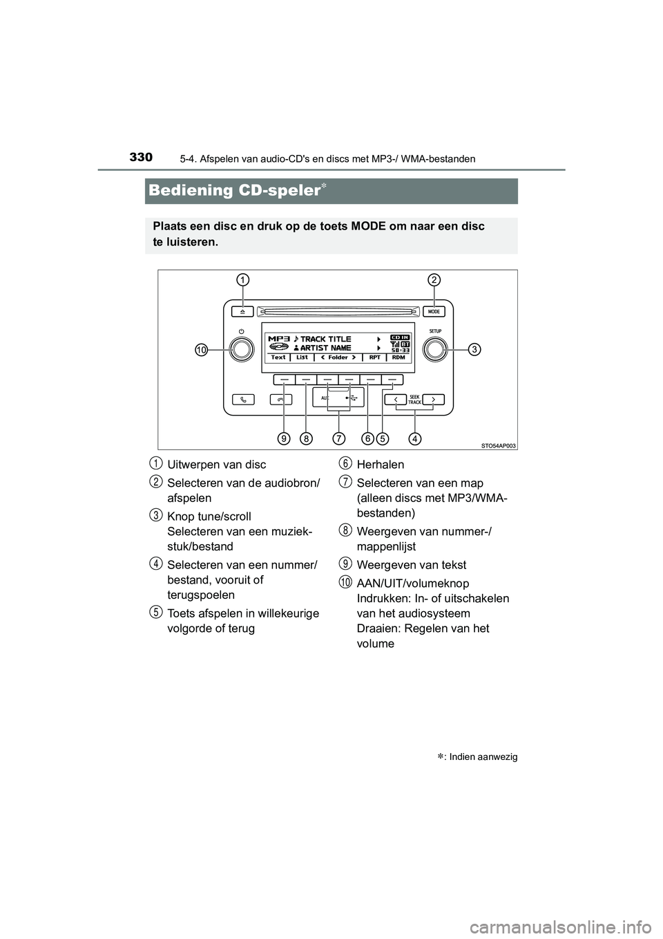 TOYOTA YARIS HATCHBACK 2017  Instructieboekje (in Dutch) 3305-4. Afspelen van audio-CD's en discs met MP3-/ WMA-bestanden
YARIS_HV_OM_Europe_OM52J66E
Bediening CD-speler
: Indien aanwezig
Plaats een disc en druk op de toets MODE om naar een disc 
