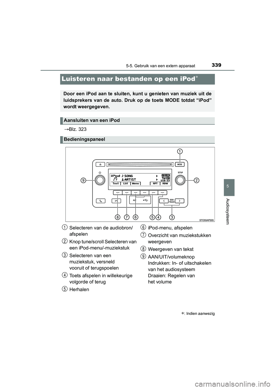 TOYOTA YARIS HATCHBACK 2017  Instructieboekje (in Dutch) 339
5
5-5. Gebruik van een extern apparaat
Audiosysteem
YARIS_HV_OM_Europe_OM52J66E
Luisteren naar bestanden op een iPod
Blz. 323
: Indien aanwezig
Door een iPod aan te sluiten, kunt u geniet