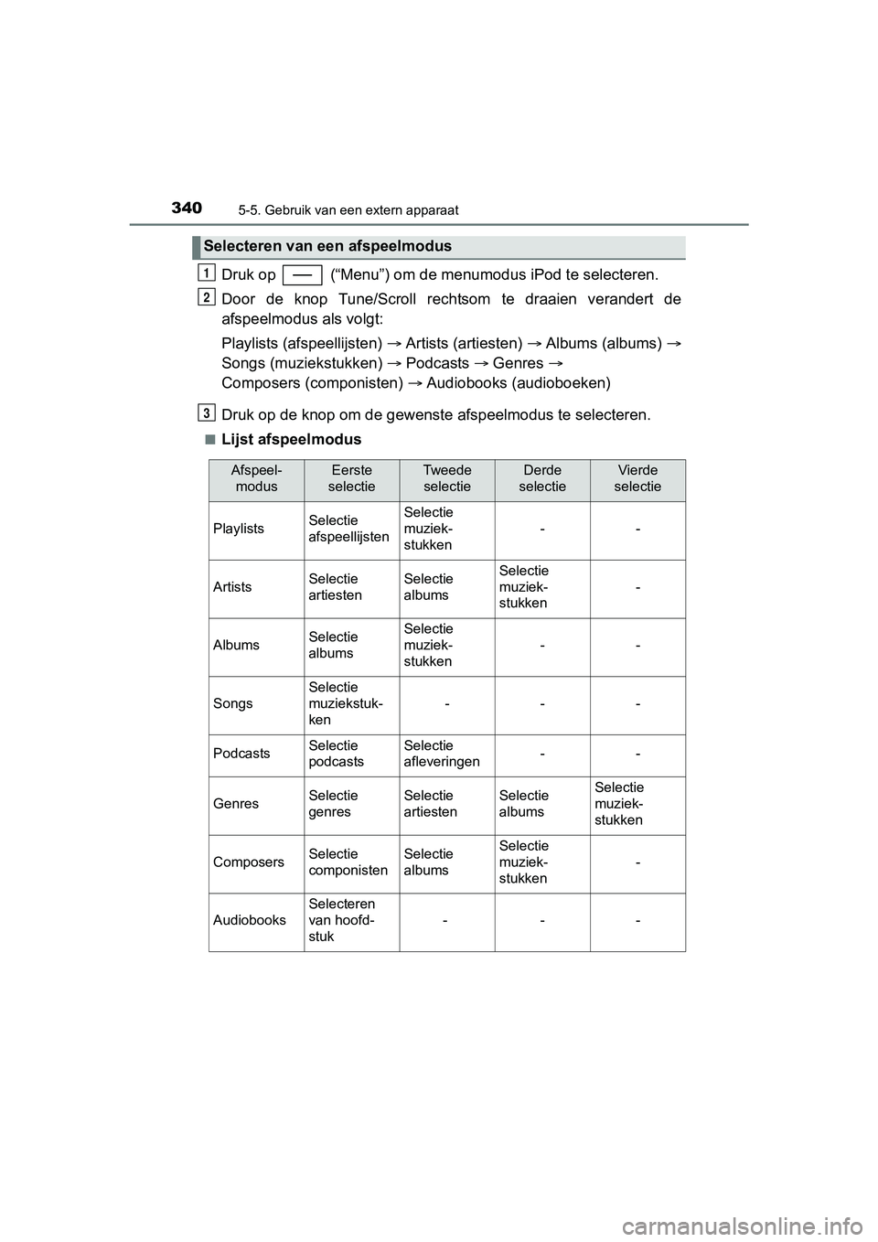 TOYOTA YARIS HATCHBACK 2017  Instructieboekje (in Dutch) 3405-5. Gebruik van een extern apparaat
YARIS_HV_OM_Europe_OM52J66E
Druk op   (“Menu”) om de menumodus iPod te selecteren.
Door  de  knop  Tune/Scroll  rechtsom  te  draaien  verandert  de
afspeel