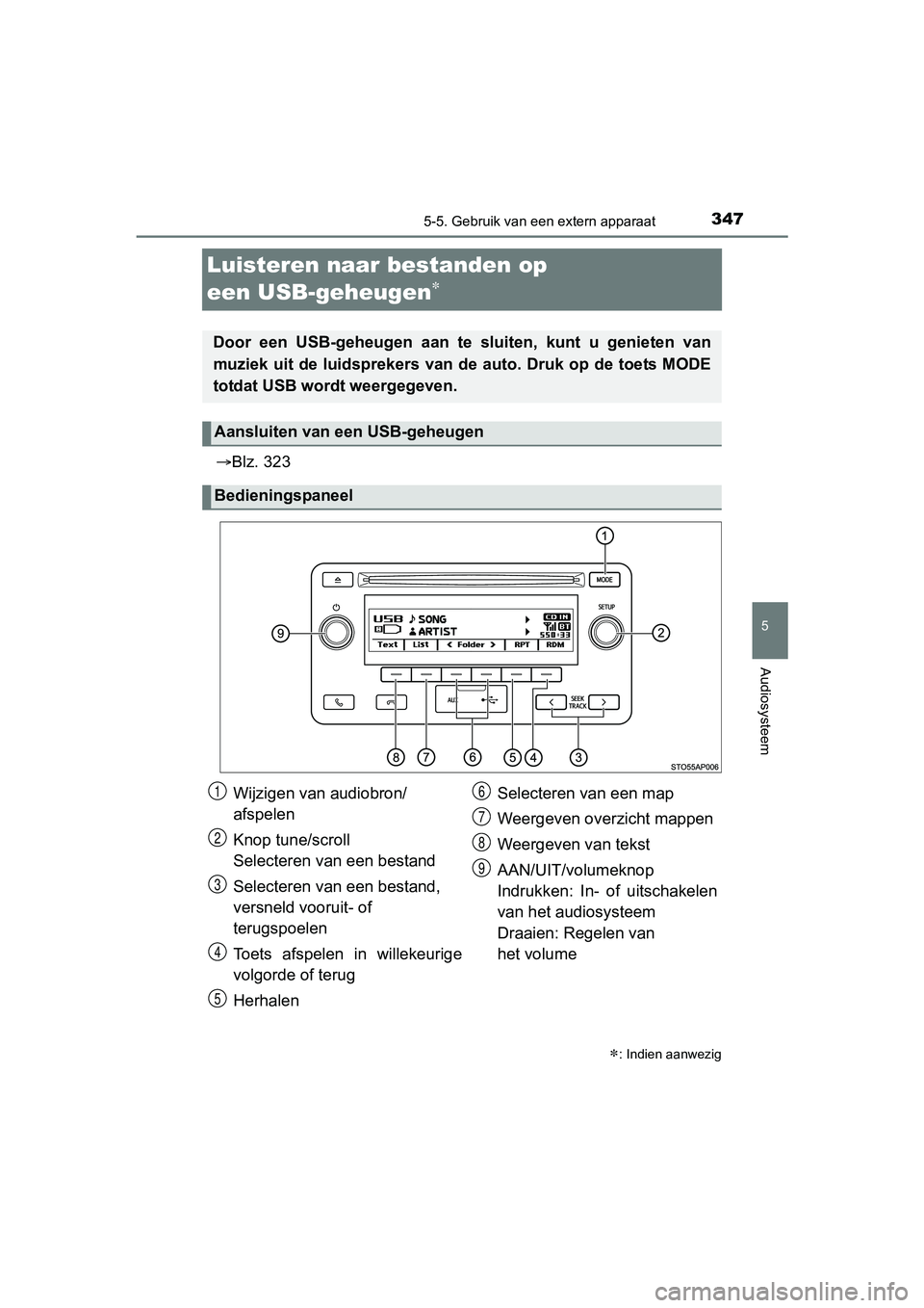 TOYOTA YARIS HATCHBACK 2017  Instructieboekje (in Dutch) 347
5
5-5. Gebruik van een extern apparaat
Audiosysteem
YARIS_HV_OM_Europe_OM52J66E
Luisteren naar bestanden op 
een USB-geheugen

Blz. 323
: Indien aanwezig
Door  een  USB-geheugen  aan  te 