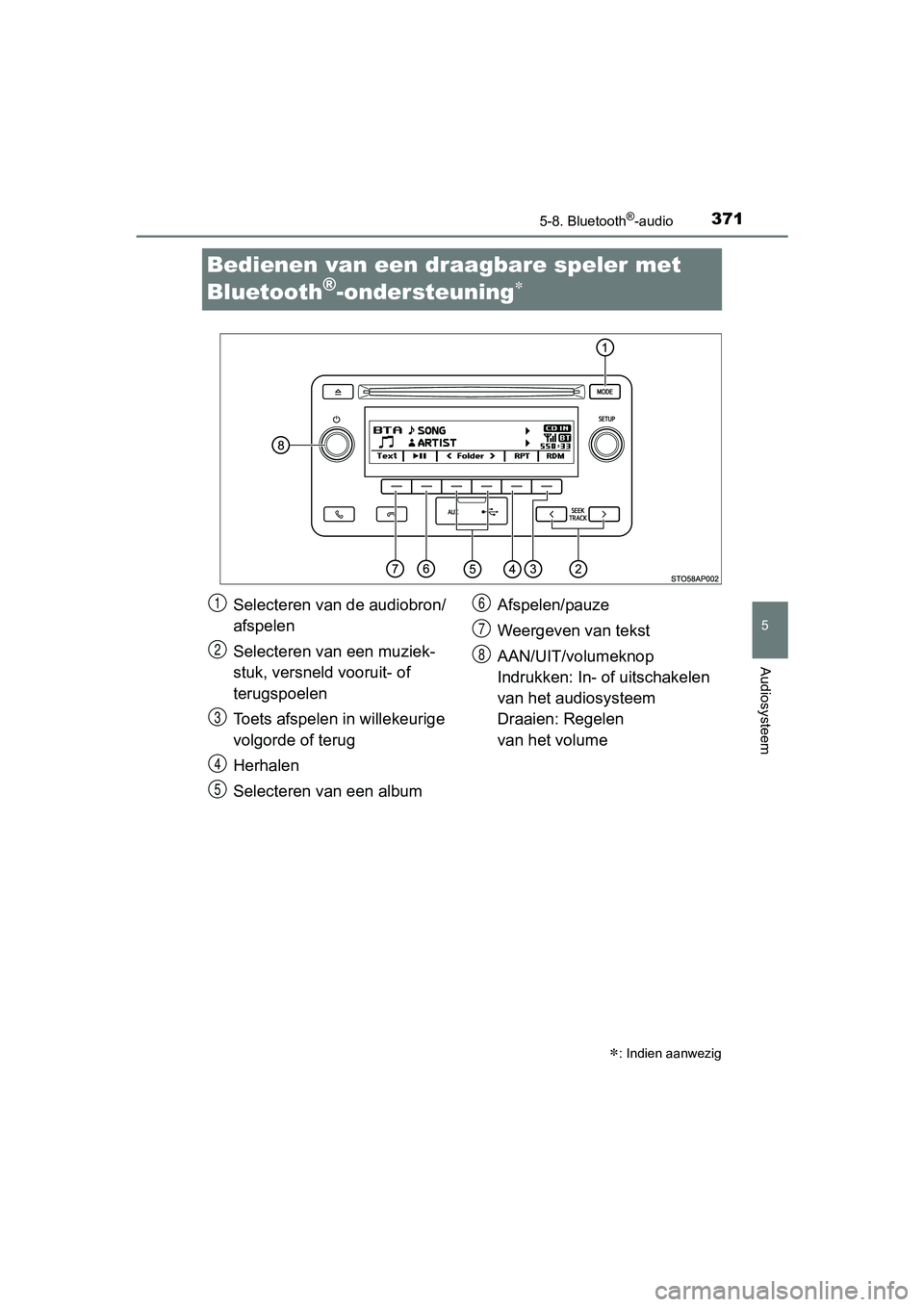 TOYOTA YARIS HATCHBACK 2017  Instructieboekje (in Dutch) 3715-8. Bluetooth®-audio
5
Audiosysteem
YARIS_HV_OM_Europe_OM52J66E
Bedienen van een draagbare speler met 
Bluetooth
®-ondersteuning
: Indien aanwezig
Selecteren van de audiobron/
afspelen
Sel