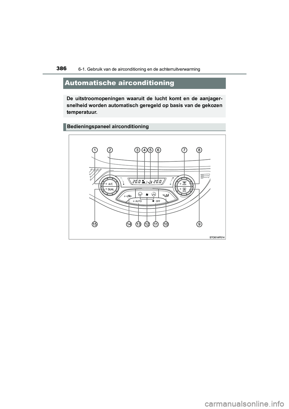 TOYOTA YARIS HATCHBACK 2017  Instructieboekje (in Dutch) 3866-1. Gebruik van de airconditioning en de achterruitverwarming
YARIS_HV_OM_Europe_OM52J66E
Automatische airconditioning
De  uitstroomopeningen  waaruit  de  lucht  komt  en  de  aanjager-
snelheid 