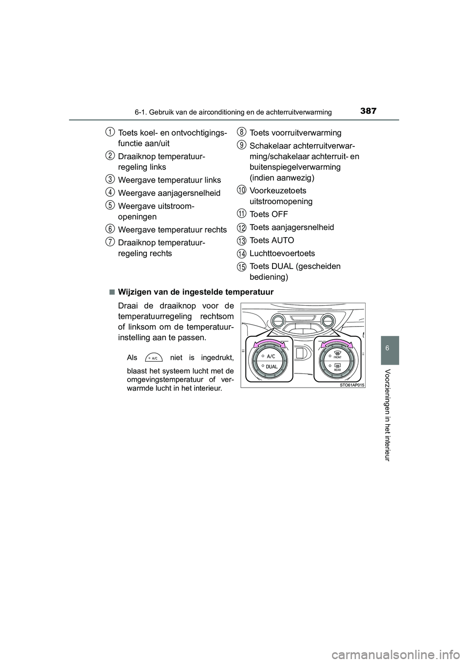 TOYOTA YARIS HATCHBACK 2017  Instructieboekje (in Dutch) 3876-1. Gebruik van de airconditioning en de achterruitverwarming
6
Voorzieningen in het interieur
YARIS_HV_OM_Europe_OM52J66E■
Wijzigen van de ingestelde temperatuur
Draai  de  draaiknop  voor  de

