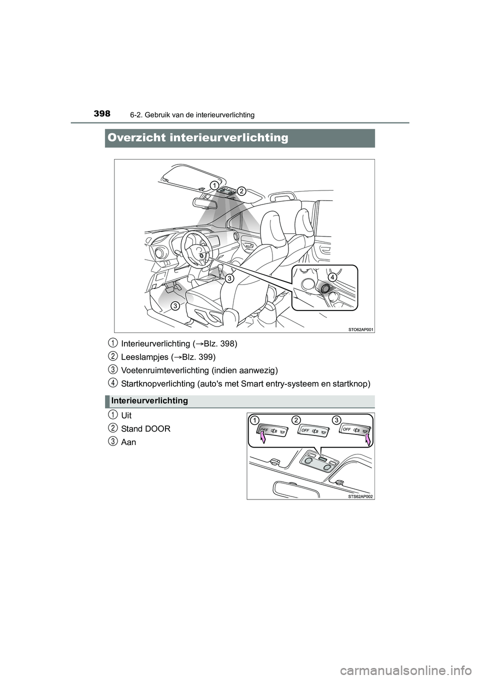TOYOTA YARIS HATCHBACK 2017  Instructieboekje (in Dutch) 3986-2. Gebruik van de interieurverlichting
YARIS_HV_OM_Europe_OM52J66E
Overzicht interieur verlichting
Uit
Stand DOOR
Aan
Interieurverlichting (Blz. 398)
Leeslampjes ( Blz. 399)
Voetenruimtever