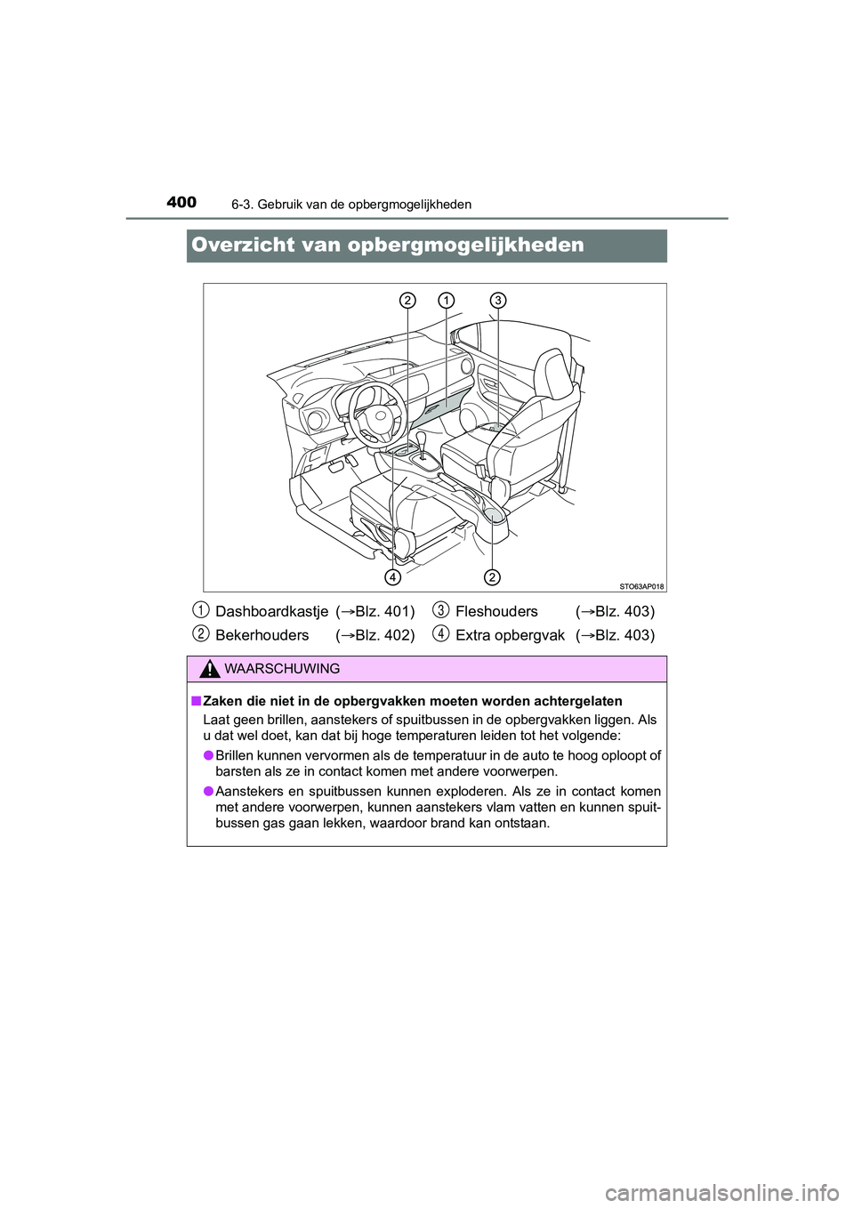 TOYOTA YARIS HATCHBACK 2017  Instructieboekje (in Dutch) 4006-3. Gebruik van de opbergmogelijkheden
YARIS_HV_OM_Europe_OM52J66E
Overzicht van opbergmogelijkheden
Dashboardkastje  (Blz. 401)
Bekerhouders  ( Blz. 402) Fleshouders (
Blz. 403)
Extra op