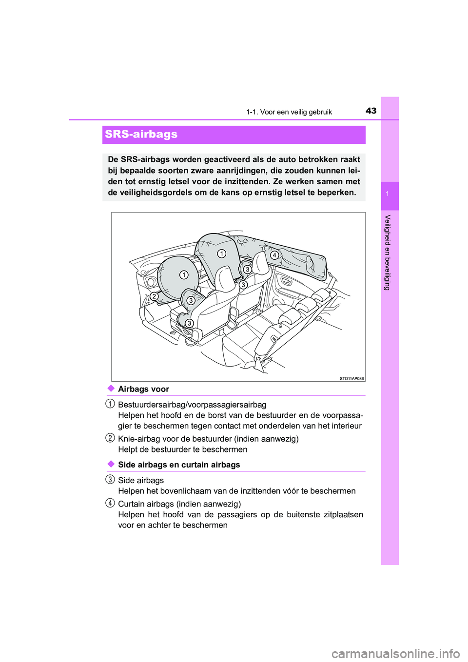 TOYOTA YARIS HATCHBACK 2017  Instructieboekje (in Dutch) 431-1. Voor een veilig gebruik
1
Veiligheid en beveiliging
YARIS_HV_OM_Europe_OM52J66E
SRS-airbags
◆Airbags voor
Bestuurdersairbag/voorpassagiersairbag
Helpen het hoofd en de borst van de bestuurder