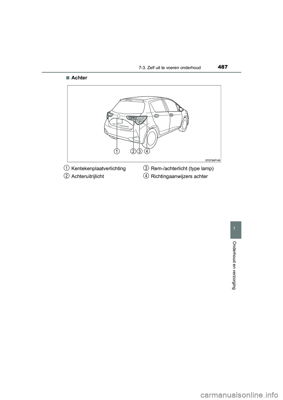 TOYOTA YARIS HATCHBACK 2017  Instructieboekje (in Dutch) 4877-3. Zelf uit te voeren onderhoud
7
Onderhoud en verzorging
YARIS_HV_OM_Europe_OM52J66E■
Achter
Kentekenplaatverlichting
Achteruitrijlicht
Rem-/achterlic
ht (type lamp)
Richtingaanwijzers achter1
