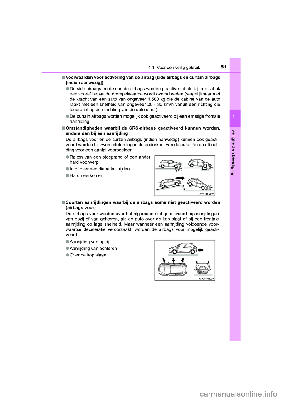TOYOTA YARIS HATCHBACK 2017  Instructieboekje (in Dutch) 511-1. Voor een veilig gebruik
1
Veiligheid en beveiliging
YARIS_HV_OM_Europe_OM52J66E■
Voorwaarden voor activering van de airbag (side airbags en curt
ain airbags
[indien aanwezig])
● De side air