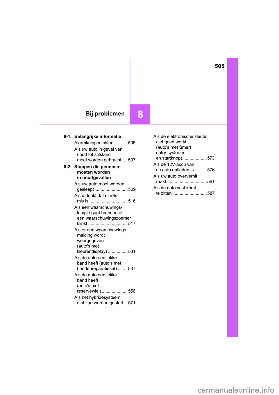 TOYOTA YARIS HATCHBACK 2017  Instructieboekje (in Dutch) 505
8Bij problemen
YARIS_HV_OM_Europe_OM52J66E8-1. Belangrijke informatie
Alarmknipperlichten ........... 506
Als uw auto in geval van nood tot stilstand 
moet worden gebracht ..... 507
8-2. Stappen d