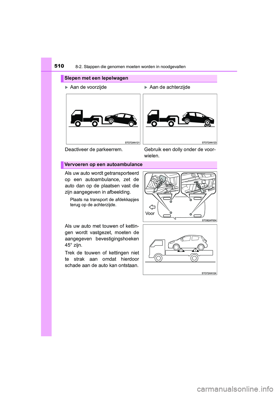 TOYOTA YARIS HATCHBACK 2017  Instructieboekje (in Dutch) 5108-2. Stappen die genomen moeten worden in noodgevallen
YARIS_HV_OM_Europe_OM52J66E
Als uw auto wordt getransporteerd
op  een  autoambulance,  zet  de
auto  dan  op  de  plaatsen  vast  die
zijn aan