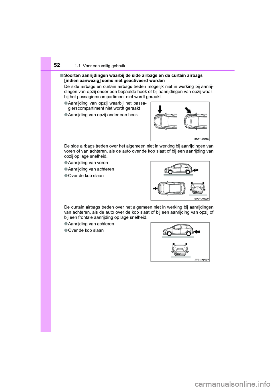 TOYOTA YARIS HATCHBACK 2017  Instructieboekje (in Dutch) 521-1. Voor een veilig gebruik
YARIS_HV_OM_Europe_OM52J66E■
Soorten aanrijdingen waarbij de side airbags en de curtain airb ags 
[indien aanwezig] soms niet geactiveerd worden
De  side  airbags  en 