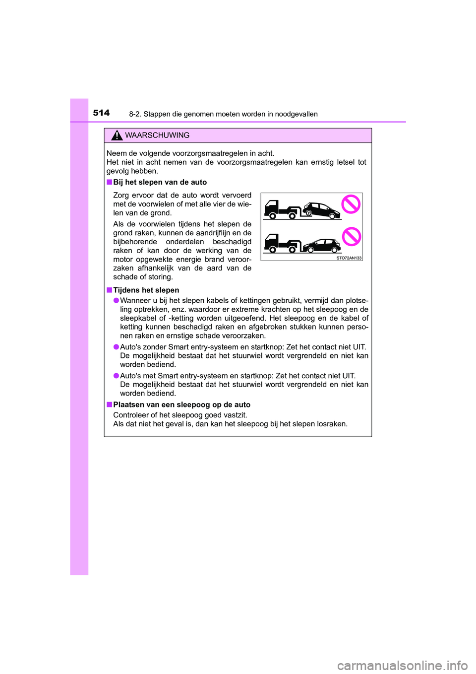 TOYOTA YARIS HATCHBACK 2017  Instructieboekje (in Dutch) 5148-2. Stappen die genomen moeten worden in noodgevallen
YARIS_HV_OM_Europe_OM52J66E
WAARSCHUWING
Neem de volgende voorzorgsmaatregelen in acht. 
Het  niet  in  acht  nemen  van  de  voorzorgsmaatreg