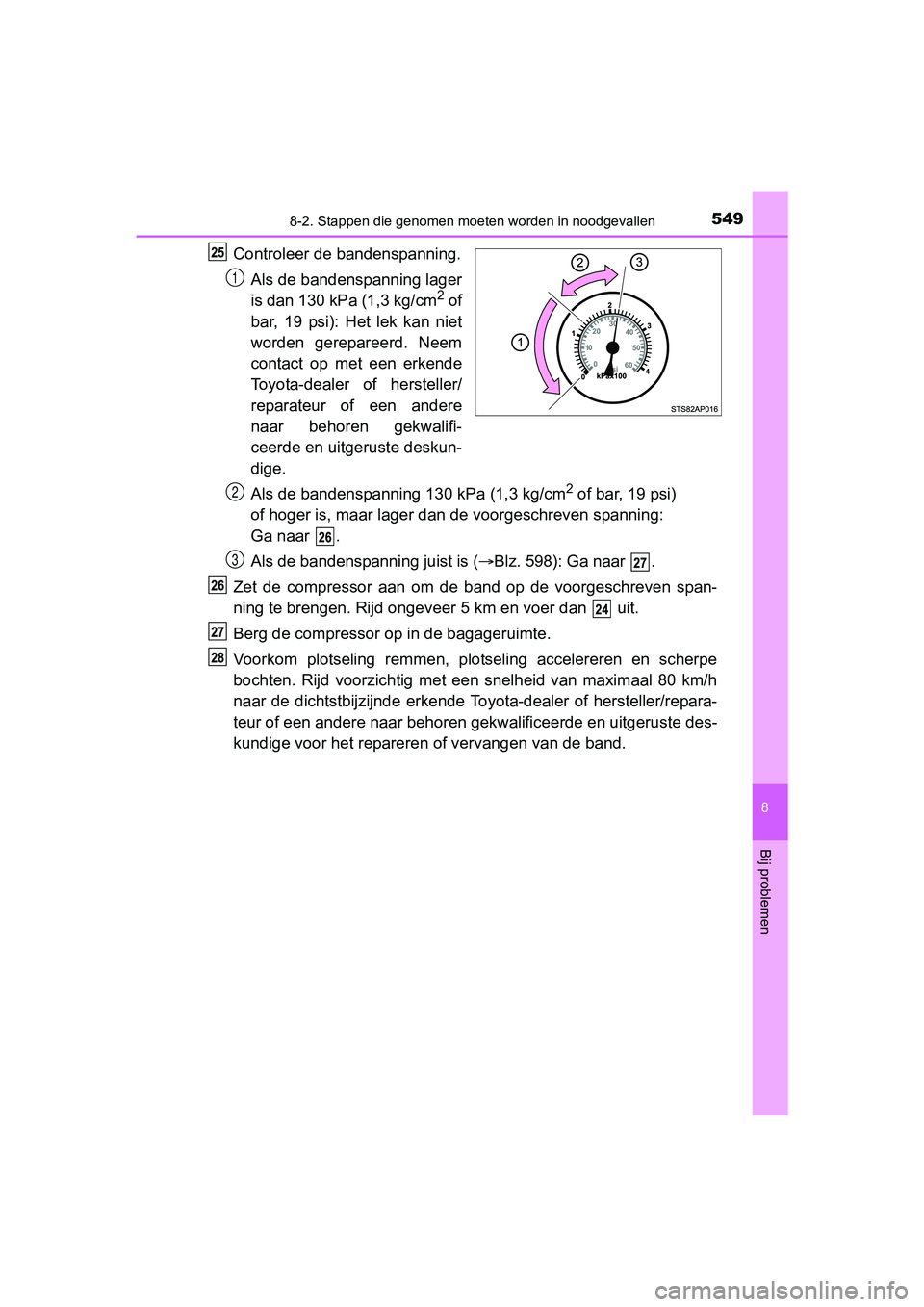 TOYOTA YARIS HATCHBACK 2017  Instructieboekje (in Dutch) 5498-2. Stappen die genomen moeten worden in noodgevallen
8
Bij problemen
YARIS_HV_OM_Europe_OM52J66E
Controleer de bandenspanning.
Als de bandenspanning lager
is dan 130 kPa (1,3 kg/cm
2 of
bar,  19 