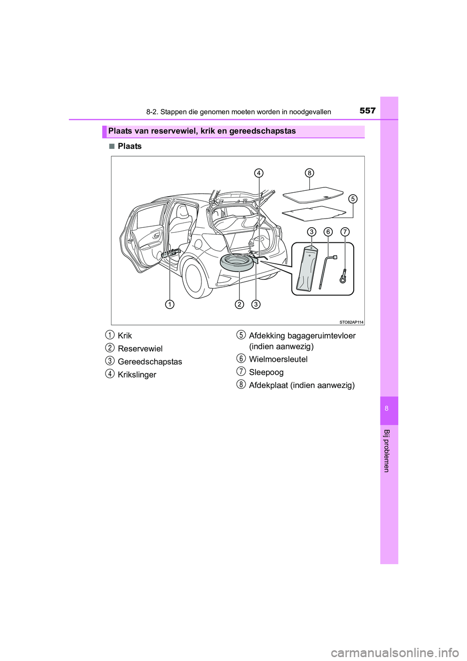 TOYOTA YARIS HATCHBACK 2017  Instructieboekje (in Dutch) 5578-2. Stappen die genomen moeten worden in noodgevallen
8
Bij problemen
YARIS_HV_OM_Europe_OM52J66E■
Plaats
Plaats van reservewiel, krik en gereedschapstas
Krik
Reservewiel
Gereedschapstas
Kriksli
