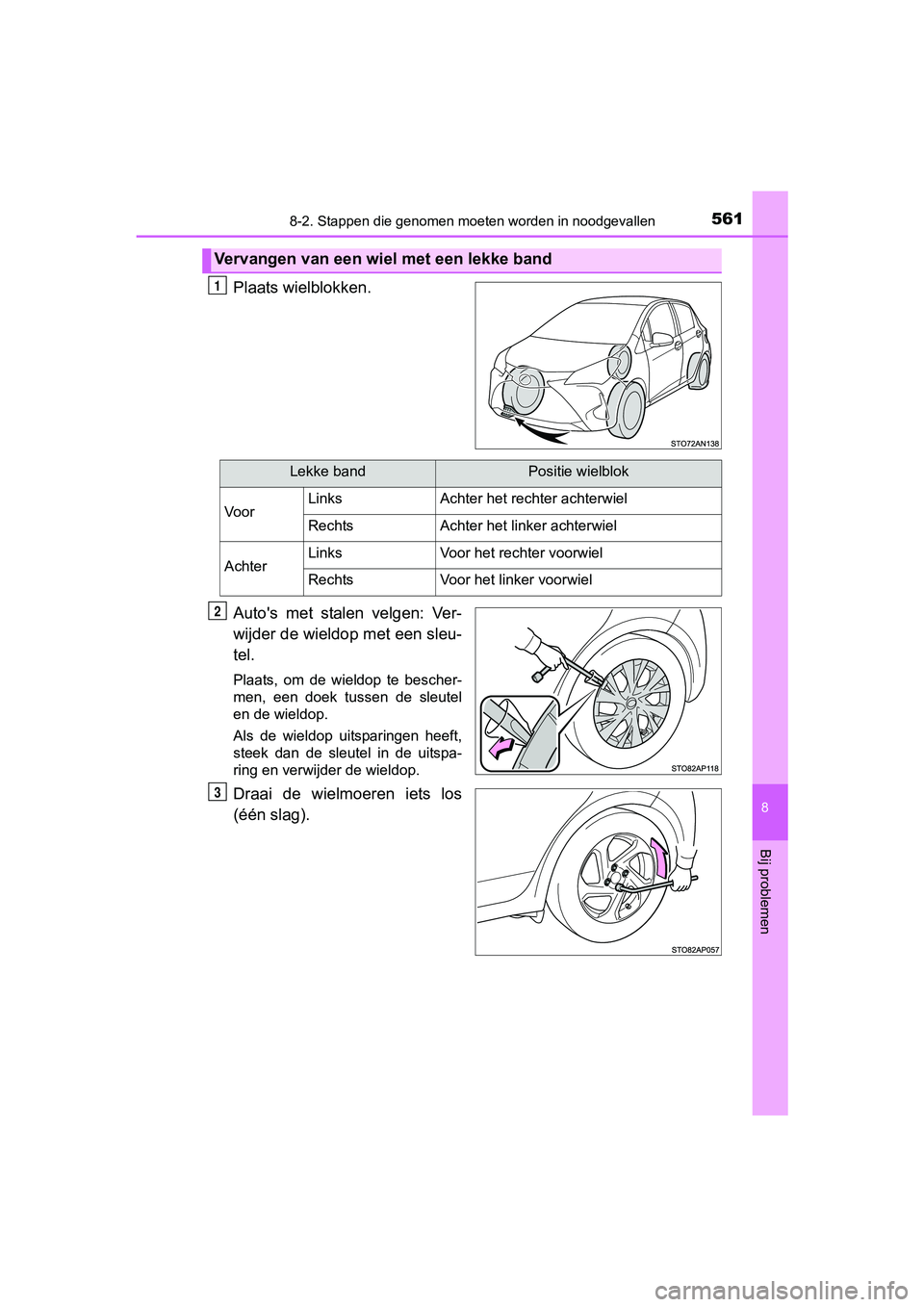 TOYOTA YARIS HATCHBACK 2017  Instructieboekje (in Dutch) 5618-2. Stappen die genomen moeten worden in noodgevallen
8
Bij problemen
YARIS_HV_OM_Europe_OM52J66E
Plaats wielblokken.
Auto's  met  stalen  velgen:  Ver-
wijder de wieldop met een sleu-
tel.
Pl