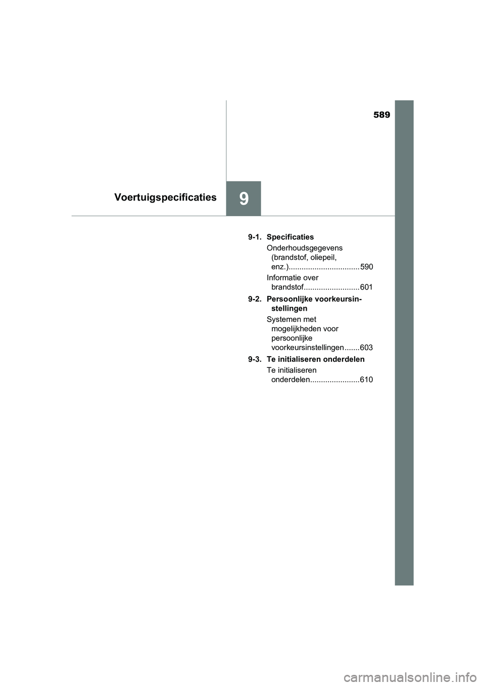 TOYOTA YARIS HATCHBACK 2017  Instructieboekje (in Dutch) 589
9Voertuigspecificaties
YARIS_HV_OM_Europe_OM52J66E9-1. Specificaties
Onderhoudsgegevens (brandstof, oliepeil, 
enz.)................................. 590
Informatie over  brandstof................