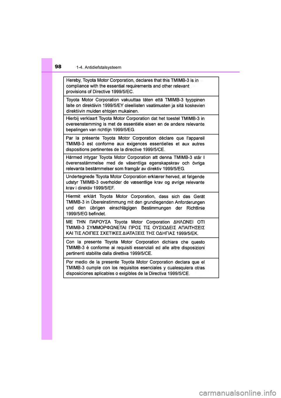 TOYOTA YARIS HATCHBACK 2017  Instructieboekje (in Dutch) 981-4. Antidiefstalsysteem
YARIS_HV_OM_Europe_OM52J66E
YARIS_HV_OM_Europe_OM52J66E.book  Page 98  Tuesday, November 14, 2017  5:07 PM 