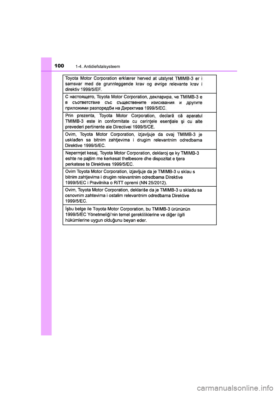 TOYOTA YARIS HATCHBACK 2017  Instructieboekje (in Dutch) 1001-4. Antidiefstalsysteem
YARIS_HV_OM_Europe_OM52J66E
YARIS_HV_OM_Europe_OM52J66E.book  Page 100  Tuesday, November 14, 2017  5:07 PM 