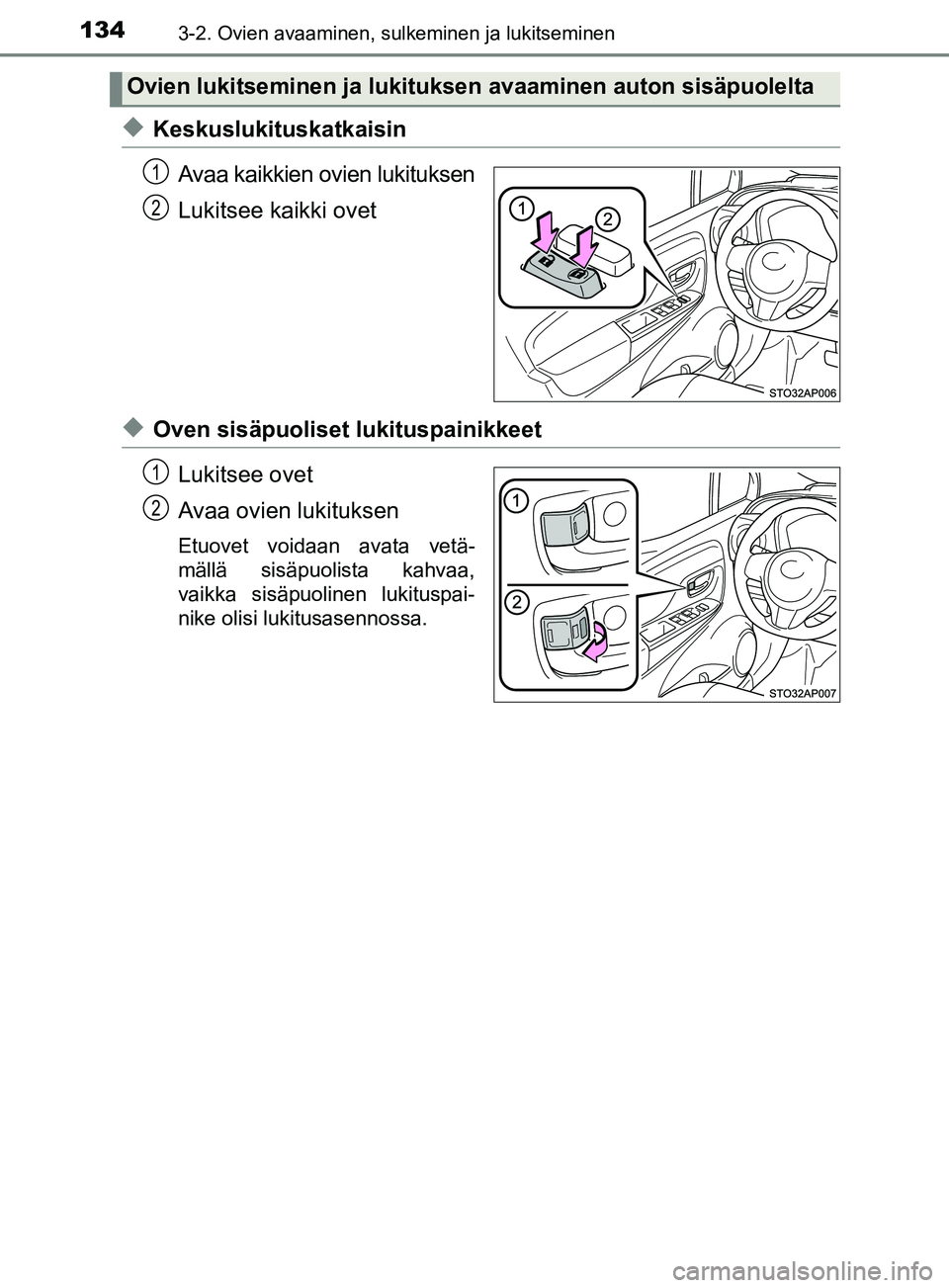 TOYOTA YARIS HATCHBACK 2017  Omistajan Käsikirja (in Finnish) 1343-2. Ovien avaaminen, sulkeminen ja lukitseminen
YARIS_HV_OM_Europe_OM52J66FI
uKeskuslukituskatkaisinAvaa kaikkien ovien lukituksen
Lukitsee kaikki ovet
uOven sisäpuoliset lukituspainikkeetLukitse