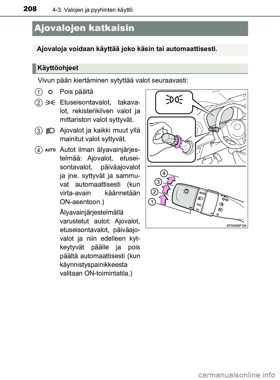 TOYOTA YARIS HATCHBACK 2017  Omistajan Käsikirja (in Finnish) 2084-3. Valojen ja pyyhinten käyttö
YARIS_HV_OM_Europe_OM52J66FI
Ajovalojen katkaisin
Vivun pään kiertäminen sytyttää valot seuraavasti:Pois päältä
Etuseisontavalot, takava-
lot, rekisteriki