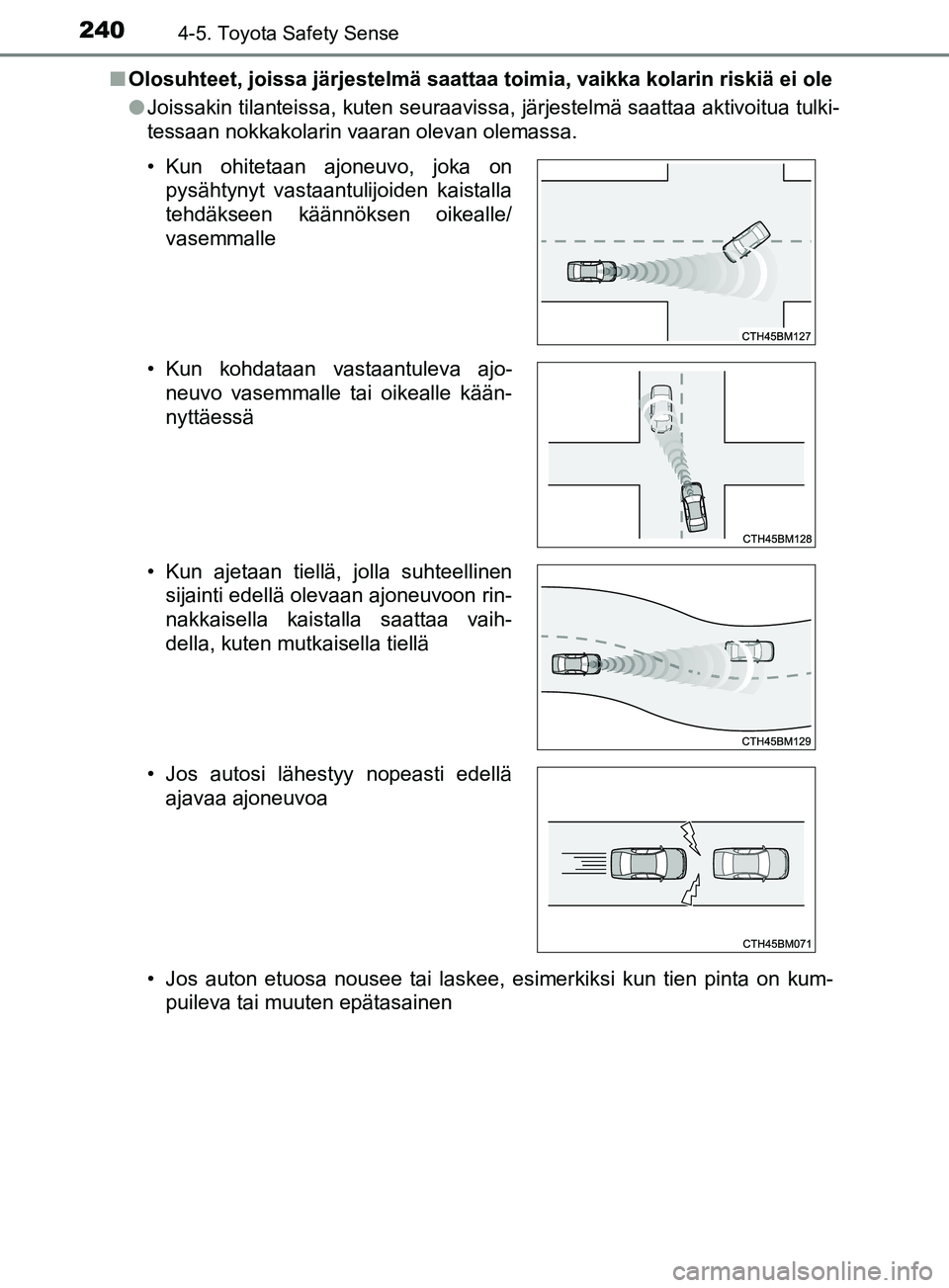 TOYOTA YARIS HATCHBACK 2017  Omistajan Käsikirja (in Finnish) 2404-5. Toyota Safety Sense
YARIS_HV_OM_Europe_OM52J66FIn
Olosuhteet, joissa järjestelmä saattaa toimia, vaikka kolarin riskiä ei ole
lJoissakin tilanteissa, kuten seuraavissa, järjestelmä saatta