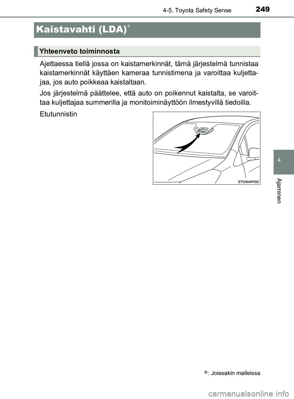 TOYOTA YARIS HATCHBACK 2017  Omistajan Käsikirja (in Finnish) 249
4
4-5. Toyota Safety Sense
Ajaminen
YARIS_HV_OM_Europe_OM52J66FI
Kaistavahti (LDA)∗
Ajettaessa tiellä jossa on kaistamerkinnät, tämä järjestelmä tunnistaa
kaistamerkinnät käyttäen kamer