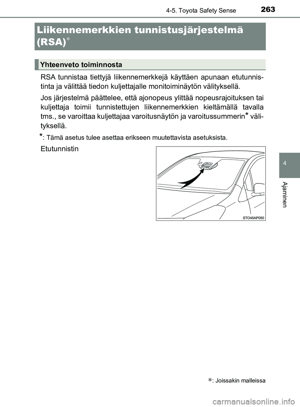 TOYOTA YARIS HATCHBACK 2017  Omistajan Käsikirja (in Finnish) 263
4
4-5. Toyota Safety Sense
Ajaminen
YARIS_HV_OM_Europe_OM52J66FI
Liikennemerkkien tunnistusjärjestelmä 
(RSA)
∗
RSA tunnistaa tiettyjä liikennemerkkejä käyttäen apunaan etutunnis-
tinta ja