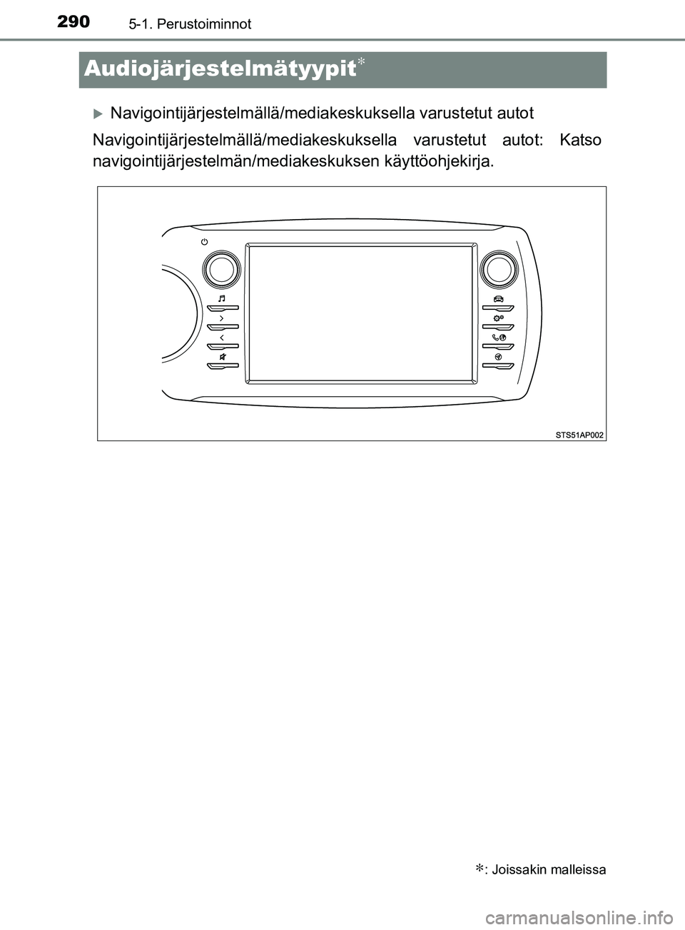 TOYOTA YARIS HATCHBACK 2017  Omistajan Käsikirja (in Finnish) 2905-1. Perustoiminnot
YARIS_HV_OM_Europe_OM52J66FI
Audiojärjestelmätyypit∗
Navigointijärjestelmällä/mediakeskuksella varustetut autot
Navigointijärjestelmällä/mediakesku ksella varustetu