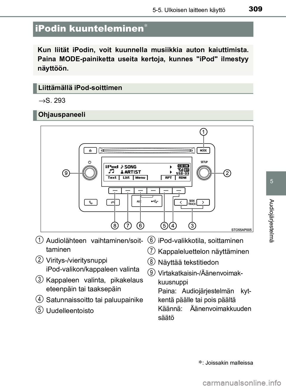 TOYOTA YARIS HATCHBACK 2017  Omistajan Käsikirja (in Finnish) 309
5
5-5. Ulkoisen laitteen käyttö
Audiojärjestelmä
YARIS_HV_OM_Europe_OM52J66FI
iPodin kuunteleminen∗
→S. 293
∗: Joissakin malleissa
Kun liität iPodin, voit kuunnella  musiikkia auton kai