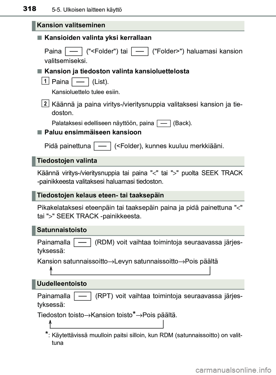 TOYOTA YARIS HATCHBACK 2017  Omistajan Käsikirja (in Finnish) 3185-5. Ulkoisen laitteen käyttö
YARIS_HV_OM_Europe_OM52J66FIn
Kansioiden valinta yksi kerrallaan
Paina   ("<Folder") tai   ("Folder>") haluamasi kansion
valitsemiseksi.
nKansion ja tiedoston valint