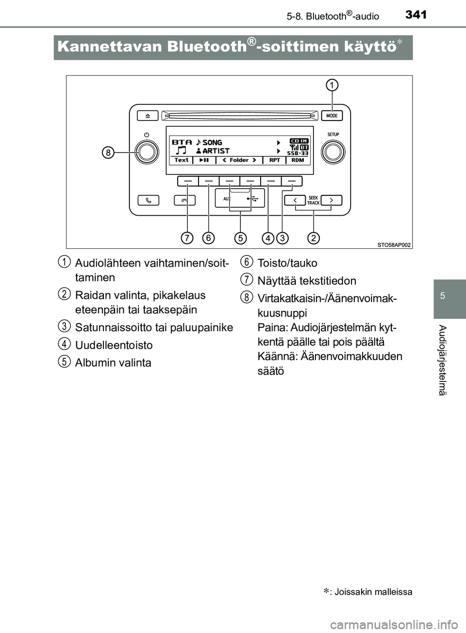 TOYOTA YARIS HATCHBACK 2017  Omistajan Käsikirja (in Finnish) 3415-8. Bluetooth®-audio
5
Audiojärjestelmä
YARIS_HV_OM_Europe_OM52J66FI
Kannettavan Bluetooth®-soittimen käyttö∗
∗: Joissakin malleissa
Audiolähteen vaihtaminen/soit-
taminen
Raidan valint