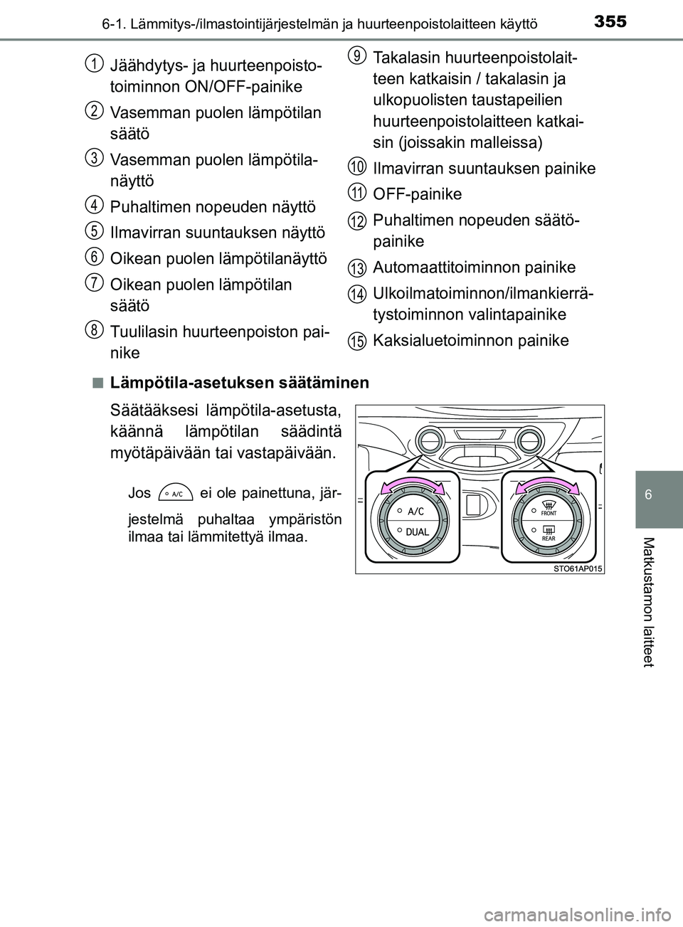 TOYOTA YARIS HATCHBACK 2017  Omistajan Käsikirja (in Finnish) 3556-1. Lämmitys-/ilmastointijärjestelmän ja huurteenpoistolaitteen käyttö
6
Matkustamon laitteet
YARIS_HV_OM_Europe_OM52J66FIn
Lämpötila-asetuksen säätäminen
Säätääksesi lämpötila-ase