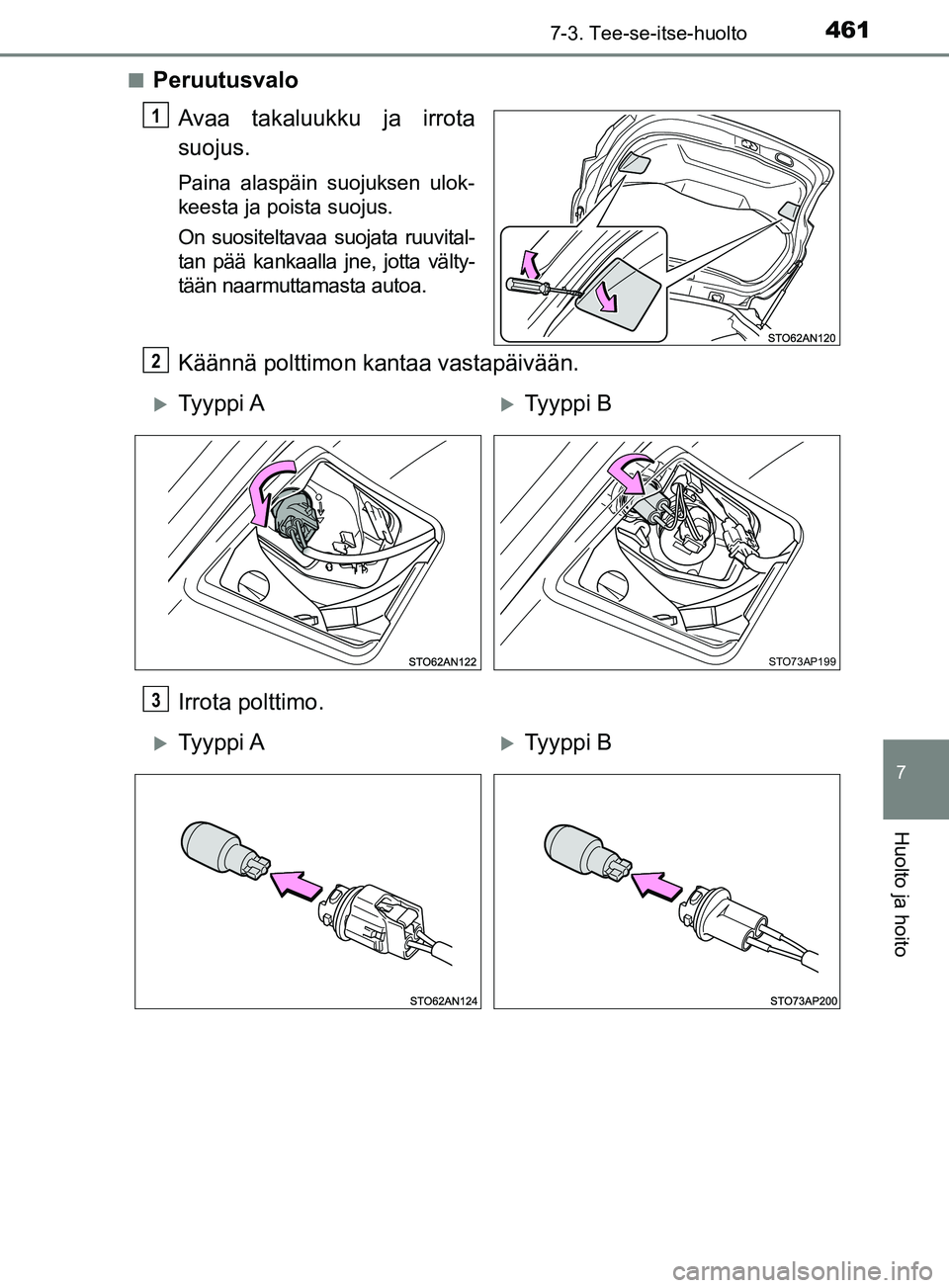 TOYOTA YARIS HATCHBACK 2017  Omistajan Käsikirja (in Finnish) 4617-3. Tee-se-itse-huolto
7
Huolto ja hoito
YARIS_HV_OM_Europe_OM52J66FIn
Peruutusvalo
Avaa takaluukku ja irrota
suojus.
Paina alaspäin suojuksen ulok-
keesta ja poista suojus.
On suositeltavaa suoj