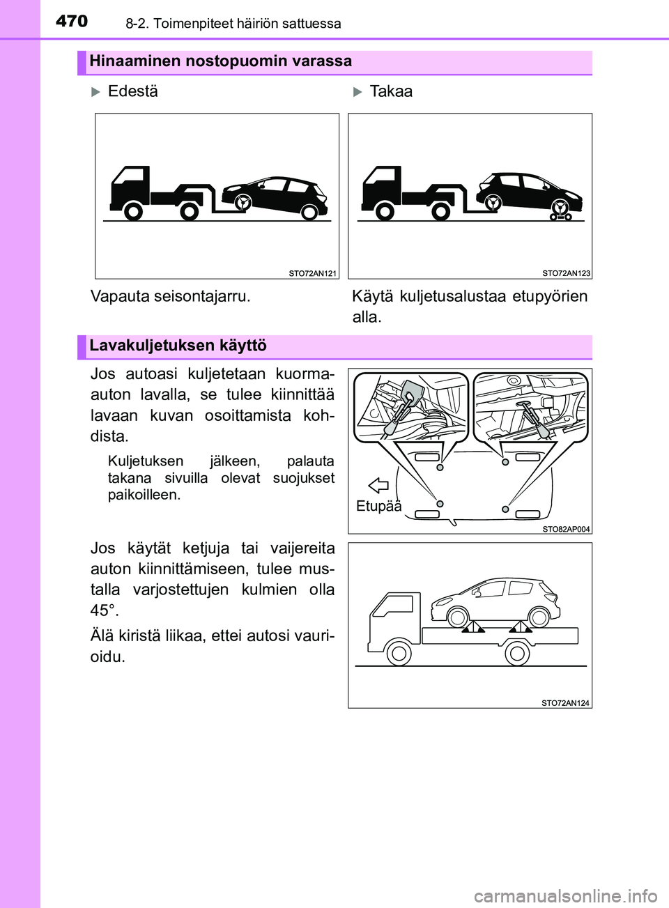 TOYOTA YARIS HATCHBACK 2017  Omistajan Käsikirja (in Finnish) 4708-2. Toimenpiteet häiriön sattuessa
YARIS_HV_OM_Europe_OM52J66FI
Jos autoasi kuljetetaan kuorma-
auton lavalla, se tulee kiinnittää
lavaan kuvan osoittamista koh-
dista.
Kuljetuksen jälkeen, p