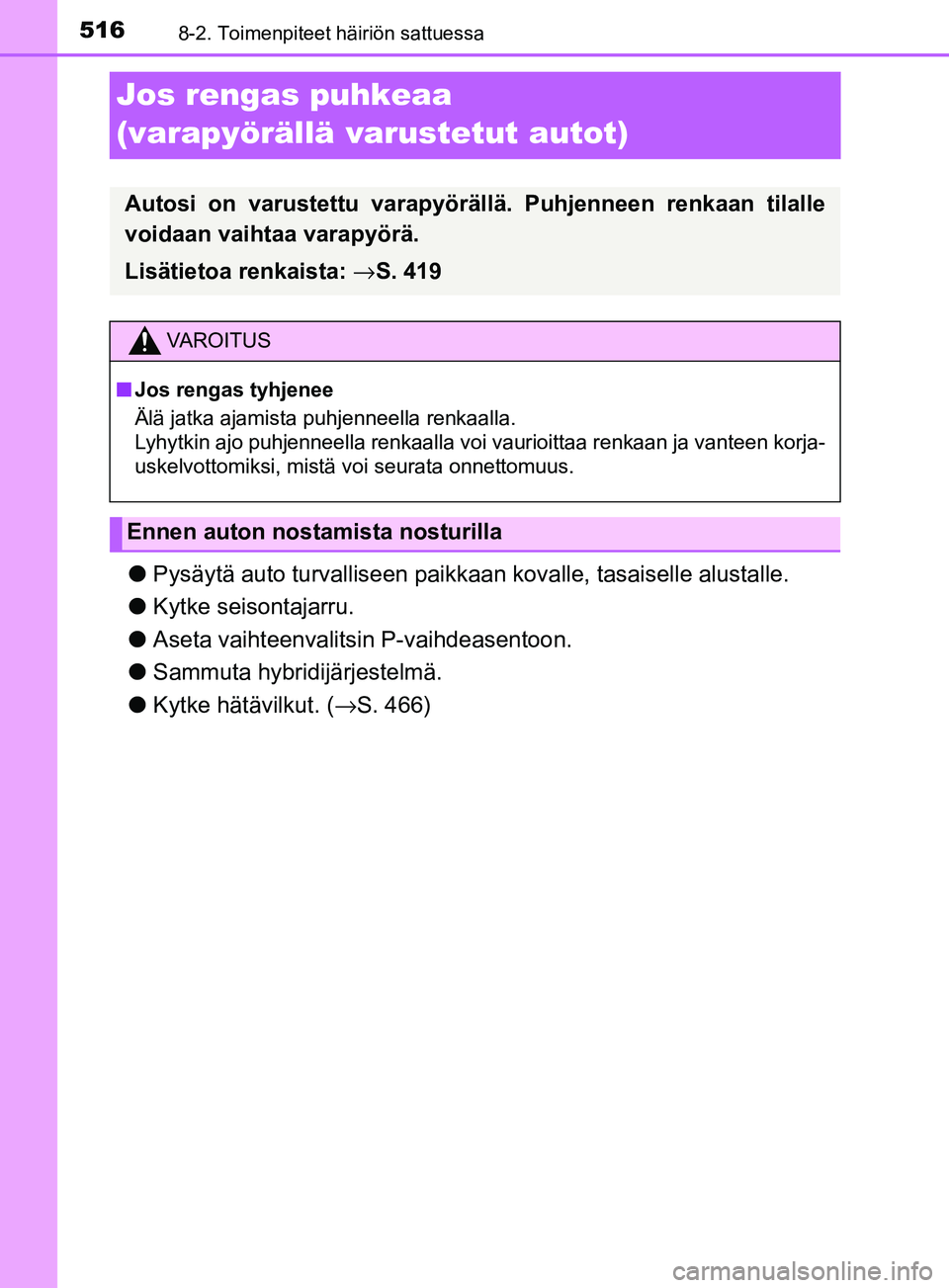 TOYOTA YARIS HATCHBACK 2017  Omistajan Käsikirja (in Finnish) 5168-2. Toimenpiteet häiriön sattuessa
YARIS_HV_OM_Europe_OM52J66FI
Jos rengas puhkeaa 
(varapyörällä varustetut autot)
lPysäytä auto turvalliseen paikkaa n kovalle, tasaiselle alustalle.
l Kyt