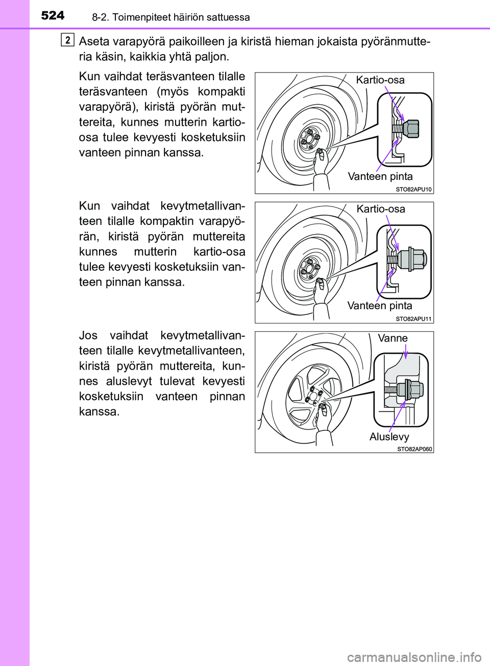 TOYOTA YARIS HATCHBACK 2017  Omistajan Käsikirja (in Finnish) 5248-2. Toimenpiteet häiriön sattuessa
YARIS_HV_OM_Europe_OM52J66FI
Aseta varapyörä paikoilleen ja kiristä hieman jokaista pyöränmutte-
ria käsin, kaikkia yhtä paljon.
Kun vaihdat teräsvante