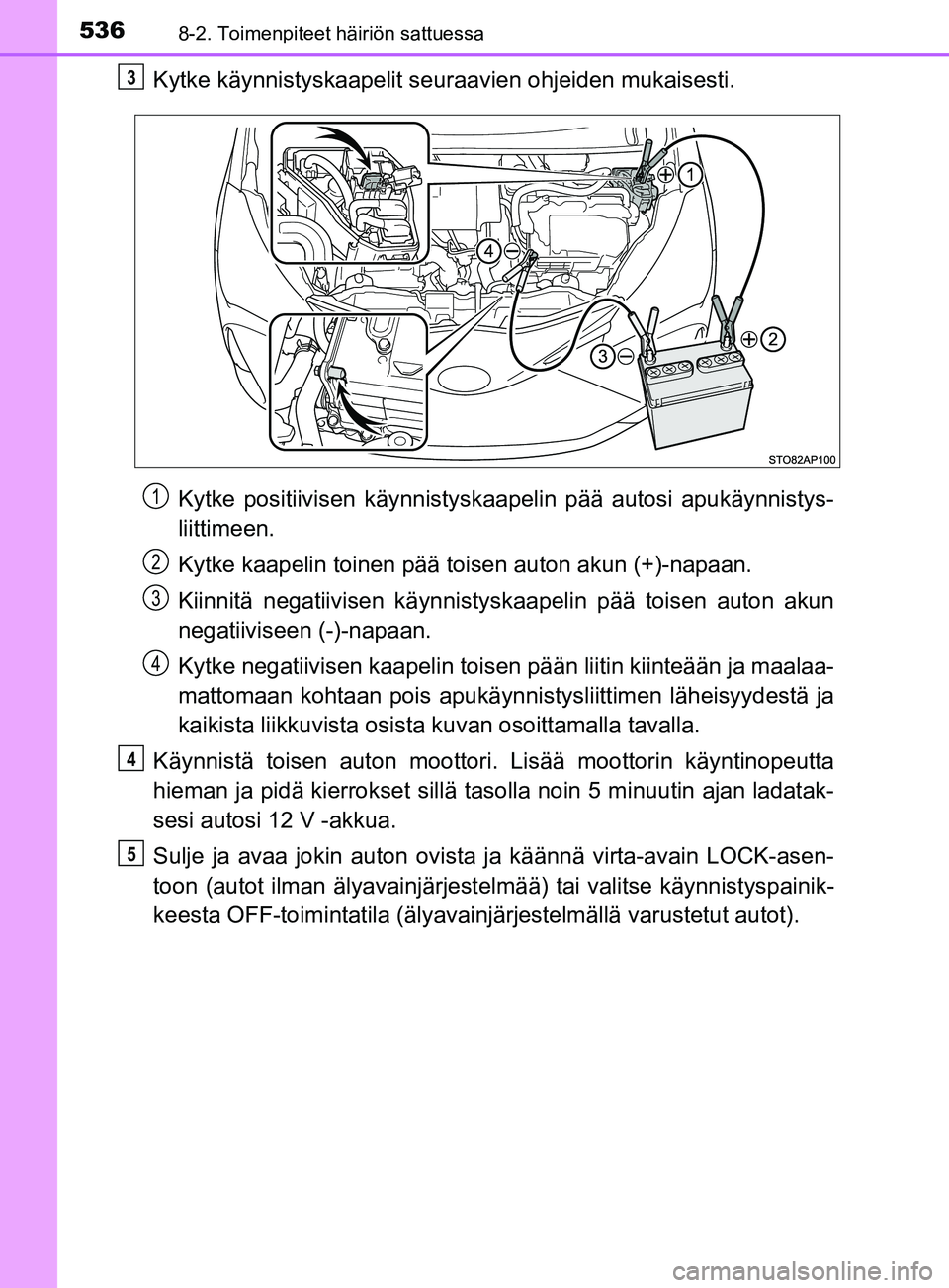 TOYOTA YARIS HATCHBACK 2017  Omistajan Käsikirja (in Finnish) 5368-2. Toimenpiteet häiriön sattuessa
YARIS_HV_OM_Europe_OM52J66FI
Kytke käynnistyskaapelit seuraavien ohjeiden mukaisesti.Kytke positiivisen käynnistyskaa pelin pää autosi apukäynnistys-
liit