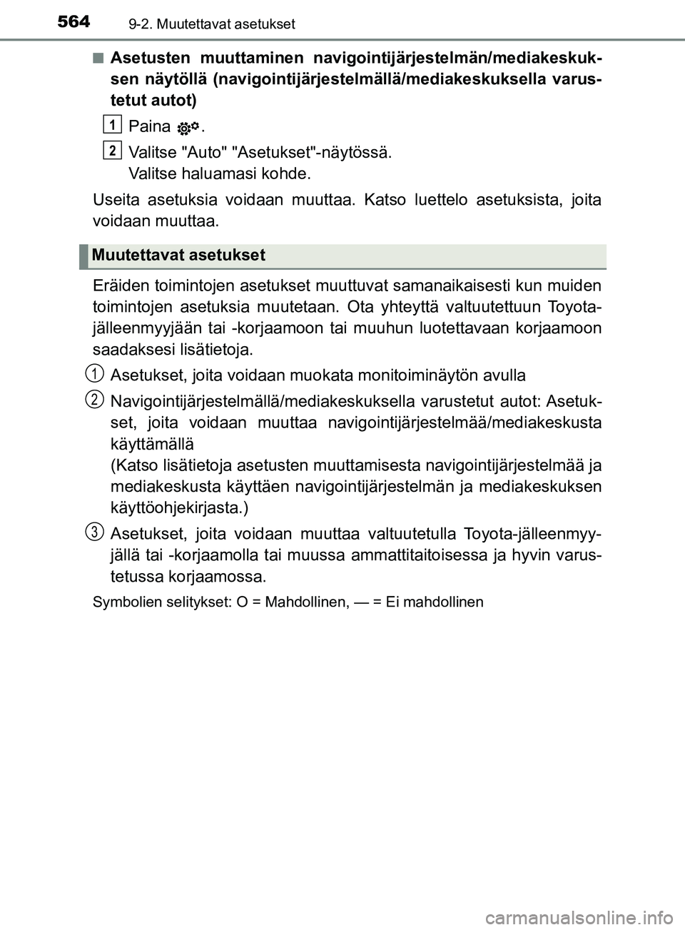 TOYOTA YARIS HATCHBACK 2017  Omistajan Käsikirja (in Finnish) 5649-2. Muutettavat asetukset
YARIS_HV_OM_Europe_OM52J66FIn
Asetusten muuttaminen navigointijärjestelmän/mediakeskuk-
sen näytöllä (navigointijärjestelmällä/mediakeskuksella varus-
tetut autot