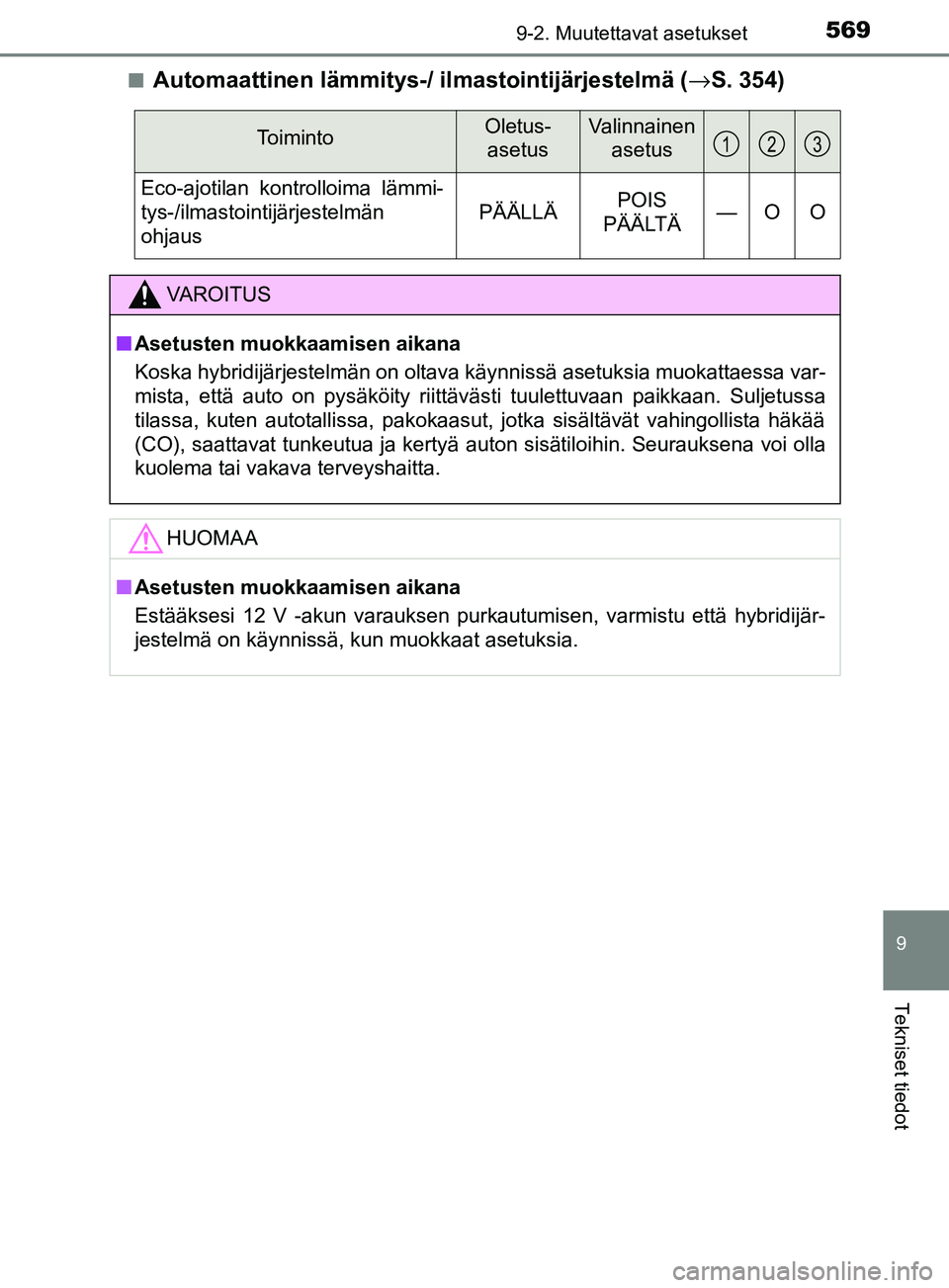 TOYOTA YARIS HATCHBACK 2017  Omistajan Käsikirja (in Finnish) 5699-2. Muutettavat asetukset
9
Tekniset tiedot
YARIS_HV_OM_Europe_OM52J66FIn
Automaattinen lämmitys-/ il
mastointijärjestelmä (→S. 354)
ToimintoOletus- 
asetusValinnainen  asetus
Eco-ajotilan ko