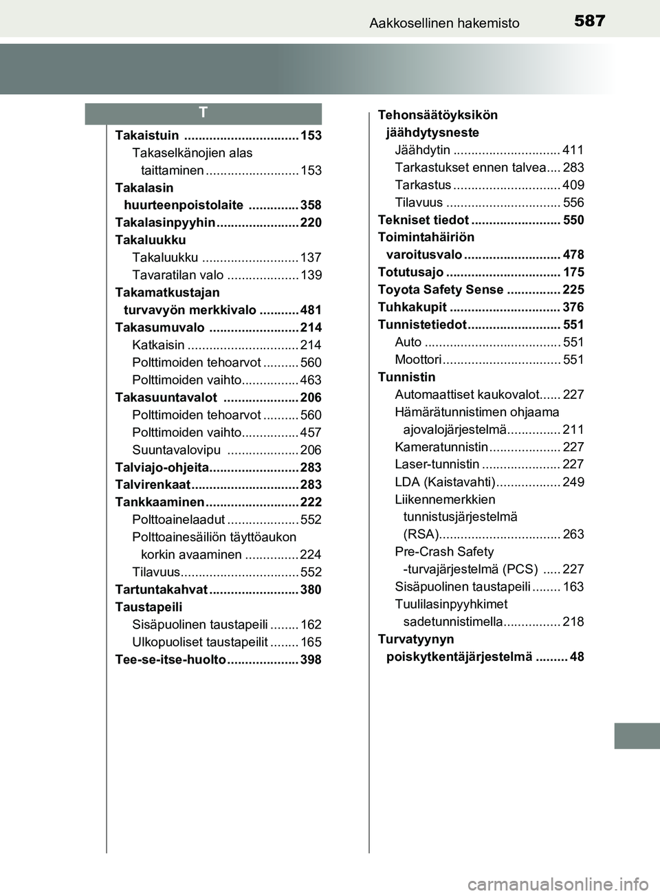 TOYOTA YARIS HATCHBACK 2017 Omistajan Käsikirja (in Finnish) 587Aakkosellinen hakemisto
YARIS_HV_OM_Europe_OM52J66FI
Takaistuin ................................ 153Takaselkänojien alas
taittaminen .......................... 153
Takalasin huurteenpoistolaite TOYOTA YARIS HATCHBACK 2017 Omistajan Käsikirja (in Finnish) 587Aakkosellinen hakemisto
YARIS_HV_OM_Europe_OM52J66FI
Takaistuin ................................ 153Takaselkänojien alas
taittaminen .......................... 153
Takalasin huurteenpoistolaite