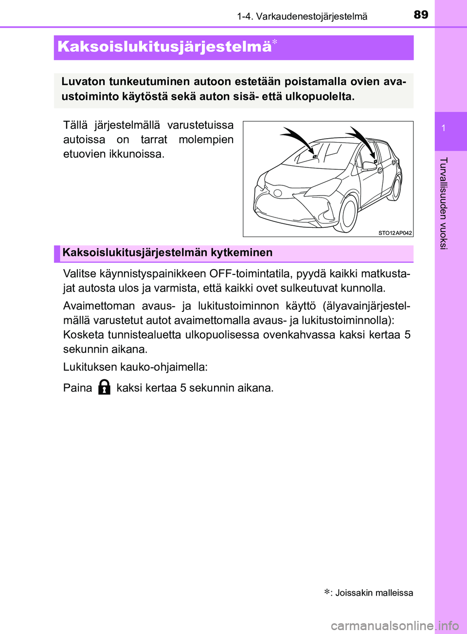 TOYOTA YARIS HATCHBACK 2017  Omistajan Käsikirja (in Finnish) 89
1
1-4. Varkaudenestojärjestelmä
Turvallisuuden vuoksi
YARIS_HV_OM_Europe_OM52J66FI
Kaksoislukitusjärjestelmä∗
Tällä järjestelmällä varustetuissa
autoissa on tarrat molempien
etuovien ikk