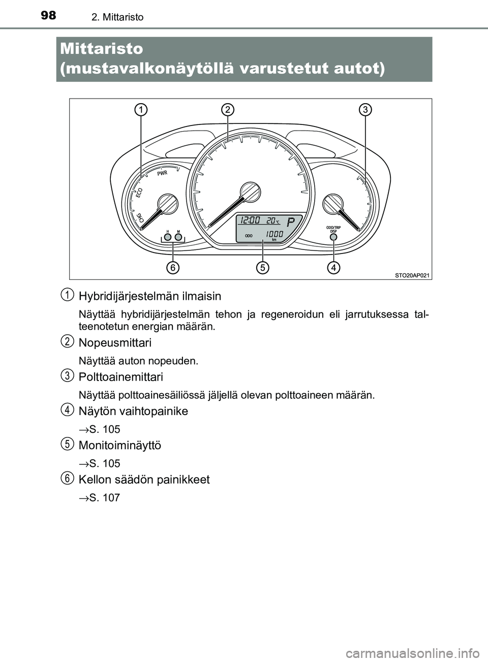 TOYOTA YARIS HATCHBACK 2017  Omistajan Käsikirja (in Finnish) 982. Mittaristo
YARIS_HV_OM_Europe_OM52J66FI
Mittaristo 
(mustavalkonäytöllä varustetut autot)
Hybridijärjestelmän ilmaisin
Näyttää hybridijärjestelmän tehon ja regeneroidun eli jarrutuksess
