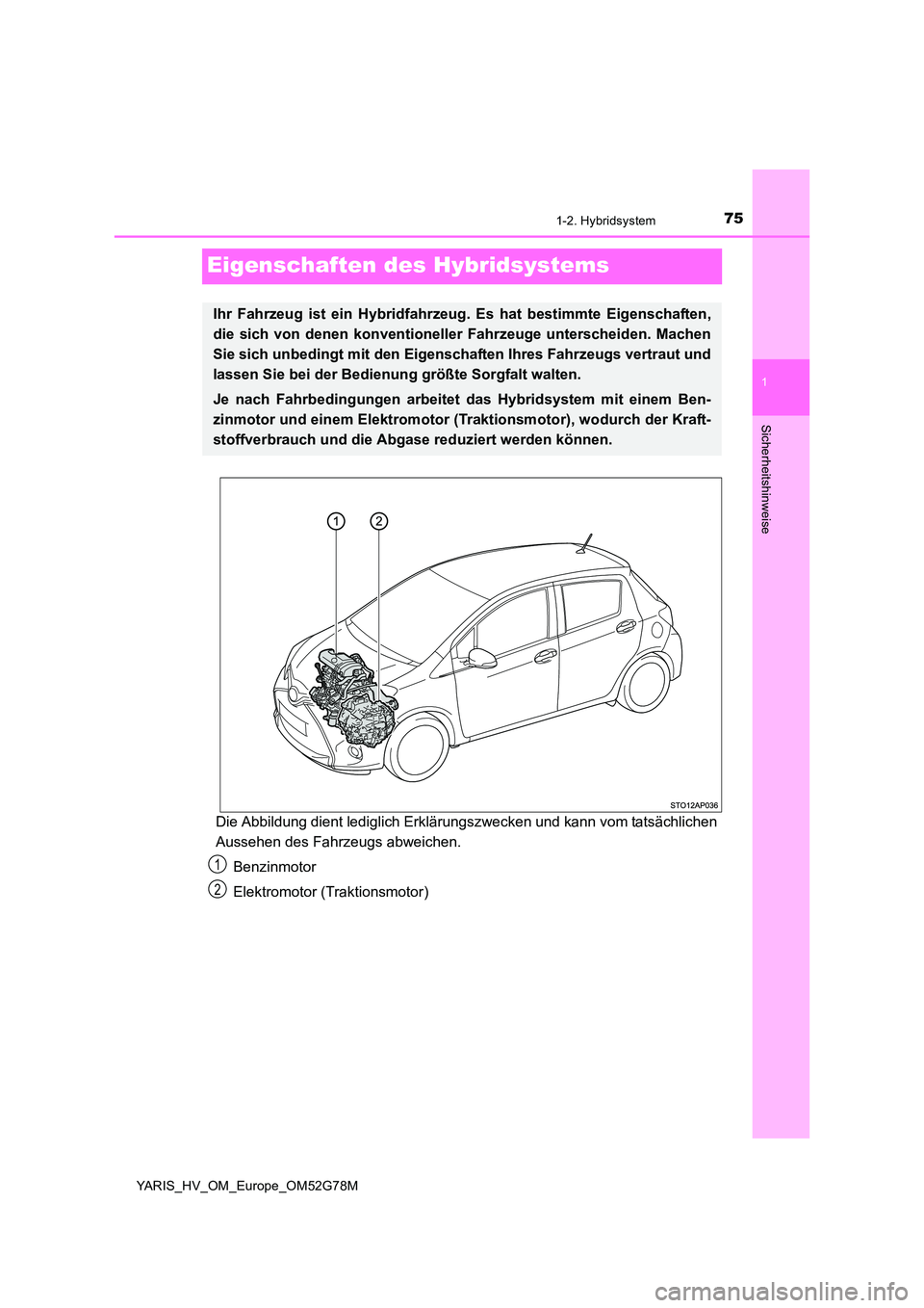 TOYOTA YARIS HATCHBACK 2016  Betriebsanleitungen (in German) 75
1
1-2. Hybridsystem
Sicherheitshinweise
YARIS_HV_OM_Europe_OM52G78M
Eigenschaften des Hybridsystems
Die Abbildung dient lediglich Erklärungszwecken und kann vom tatsächlichen 
Aussehen des Fahrze