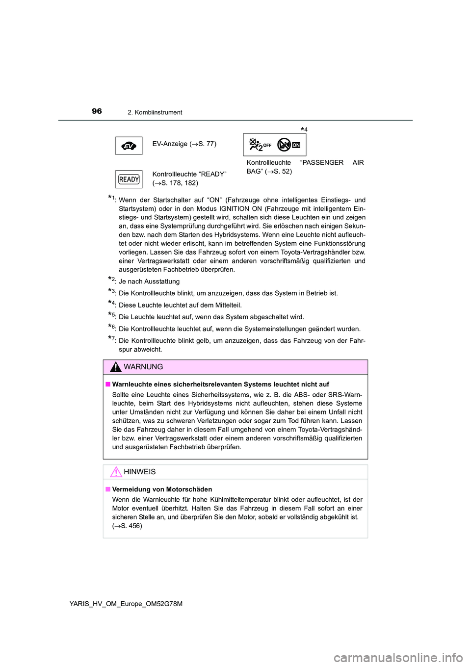 TOYOTA YARIS HATCHBACK 2016  Betriebsanleitungen (in German) 962. Kombiinstrument
YARIS_HV_OM_Europe_OM52G78M
*1: Wenn der Startschalter auf “ON” (Fahrzeuge ohne intelligentes Einstiegs- und 
Startsystem) oder in den Modus IGNITION ON (Fahrzeuge mit intelli