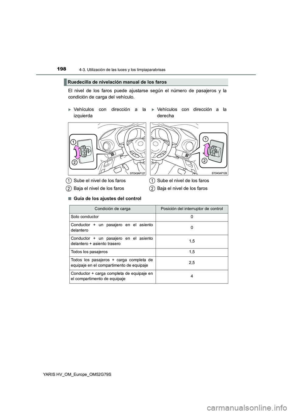 TOYOTA YARIS HATCHBACK 2016  Manual del propietario (in Spanish) 1984-3. Utilización de las luces y los limpiaparabrisas
YARIS HV_OM_Europe_OM52G79S
El nivel de los faros puede ajustarse según el número de pasajeros y la 
condición de carga del vehículo.
■Gu