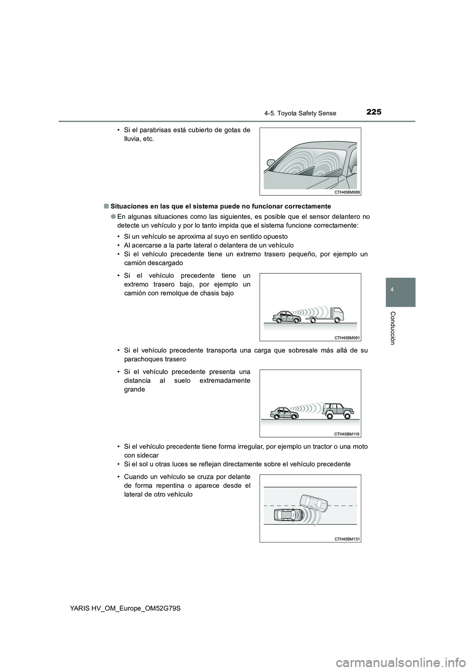 TOYOTA YARIS HATCHBACK 2016  Manual del propietario (in Spanish) 2254-5. Toyota Safety Sense
4
Conducción
YARIS HV_OM_Europe_OM52G79S 
■ Situaciones en las que el sistema puede no funcionar correctamente 
● En algunas situaciones como las siguientes, es posibl