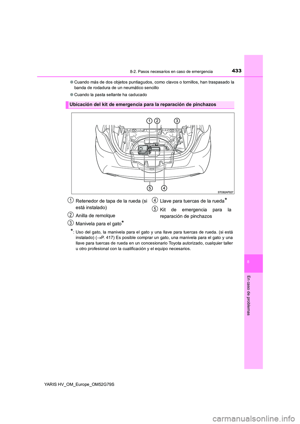 TOYOTA YARIS HATCHBACK 2016  Manual del propietario (in Spanish) 4338-2. Pasos necesarios en caso de emergencia
8
En caso de problemas
YARIS HV_OM_Europe_OM52G79S 
● Cuando más de dos objetos puntiagudos, como clavos o tornillos, han traspasado la 
banda de roda
