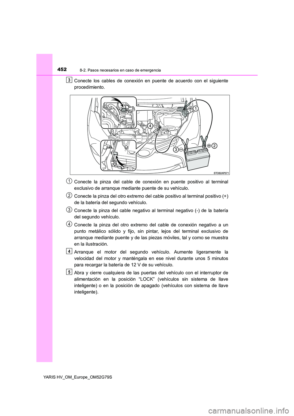 TOYOTA YARIS HATCHBACK 2016 Manual del propietario (in Spanish) 4528-2. Pasos necesarios en caso de emergencia
YARIS HV_OM_Europe_OM52G79S
Conecte los cables de conexión en puente de acuerdo con el siguiente
procedimiento.
Conecte la pinza del cable de conexió TOYOTA YARIS HATCHBACK 2016 Manual del propietario (in Spanish) 4528-2. Pasos necesarios en caso de emergencia
YARIS HV_OM_Europe_OM52G79S
Conecte los cables de conexión en puente de acuerdo con el siguiente
procedimiento.
Conecte la pinza del cable de conexió